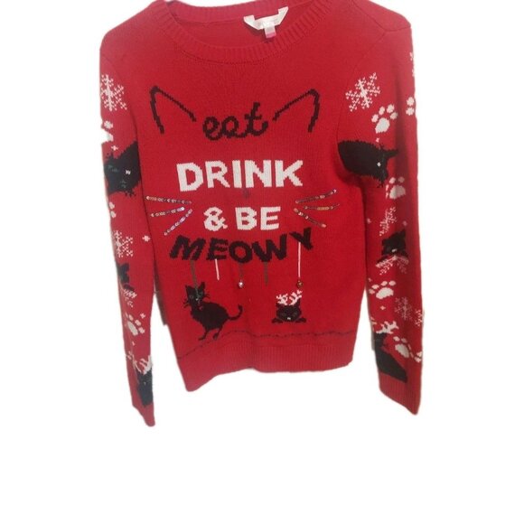 No Boundries Ugly Christmas Sweater Eat Drink And Be Meowy Size M 7-9 Cats - Picture 1 of 11